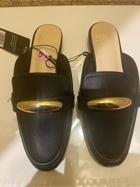 Jones New York Black Leather Mule Slides with Gold Accent